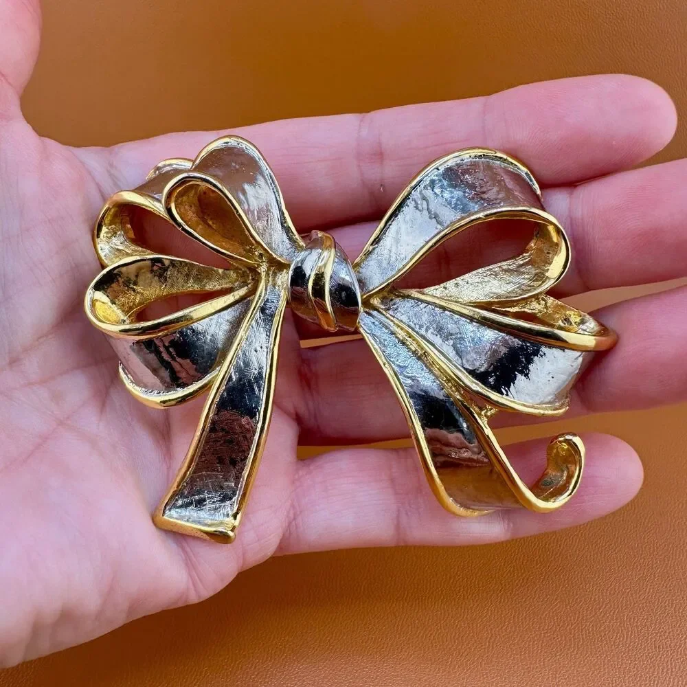 Vintage Bow Brooch Pin Large Gold Silver Tone Statement Ribbon Two Tone 3